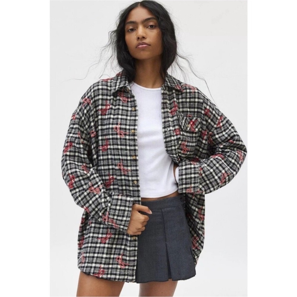NWOT BDG Urban Outfitters Dani Embroidered Flannel Shirt Tunic Top Oversized, L - Picture 3 of 15